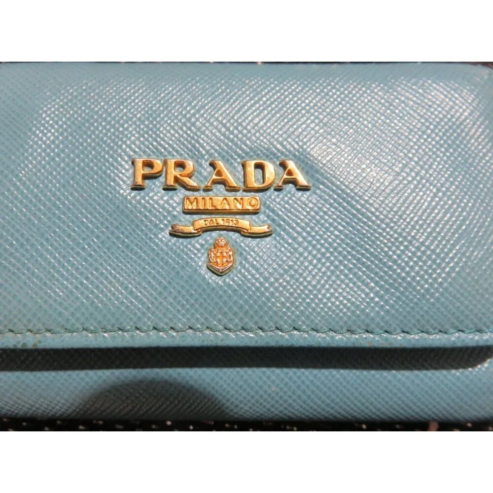 PRADA Voyager Italian Saffiano Leather Metal 6 Key Holder Cobalt Turquoise Blue